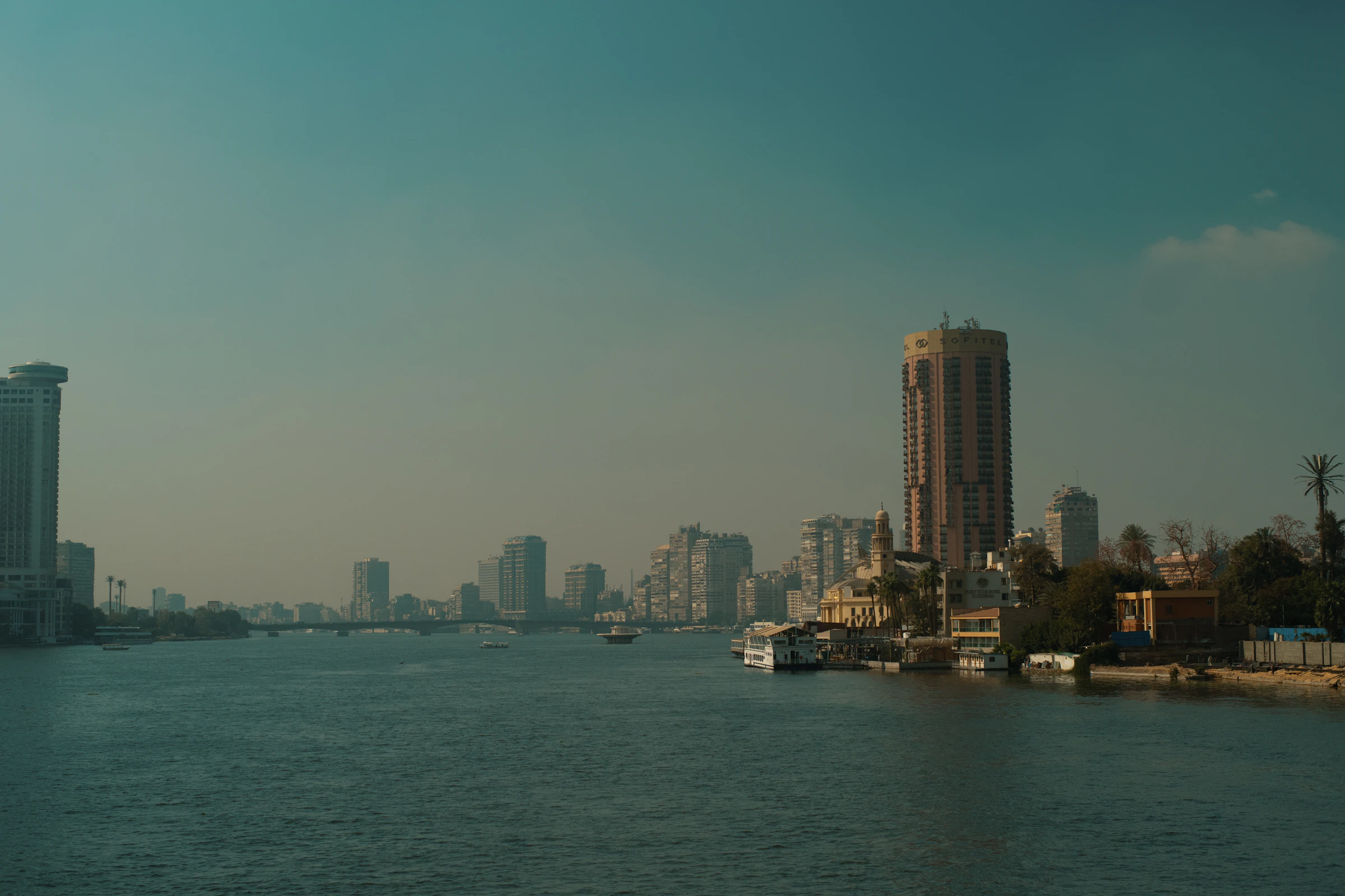 The Nile and Cairo towers in soft afternoon haze