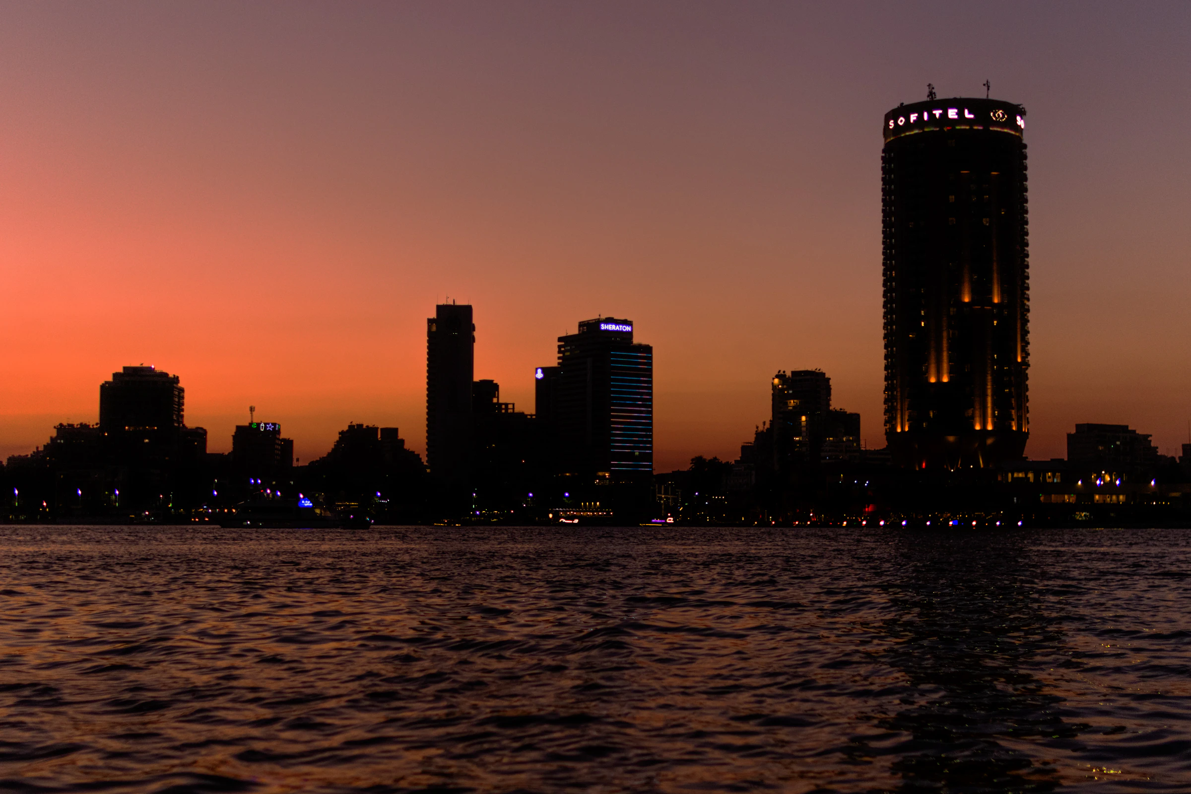 Cairo skyline over the Nile at sunset